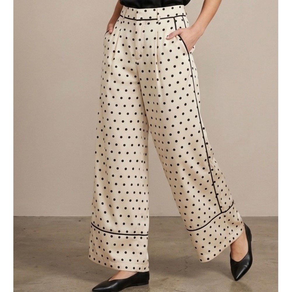 MINKPINK Womens Medium Polka Dot Wide Leg Trousers Pants Cream Black Piping Trim